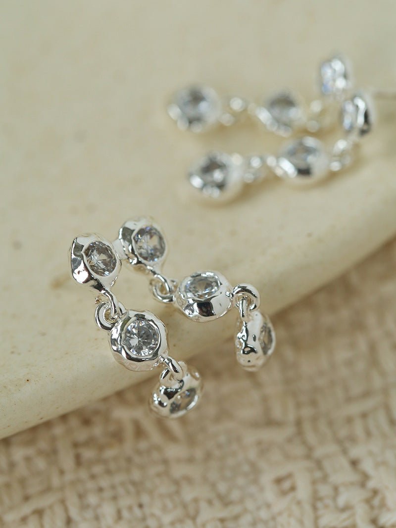 Dual Row Hammered Bezel Cubic Zirconia Tassel Drop Stud Earrings - floysun
