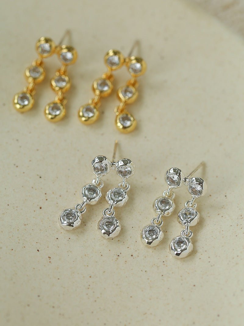 Dual Row Hammered Bezel Cubic Zirconia Tassel Drop Stud Earrings - floysun