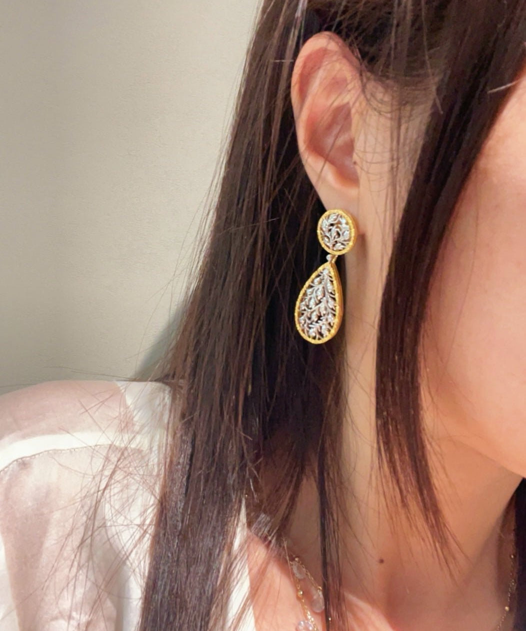 Dual - Wear Leaf Earrings with Engraved Gold & Sparkling CZ - floysun