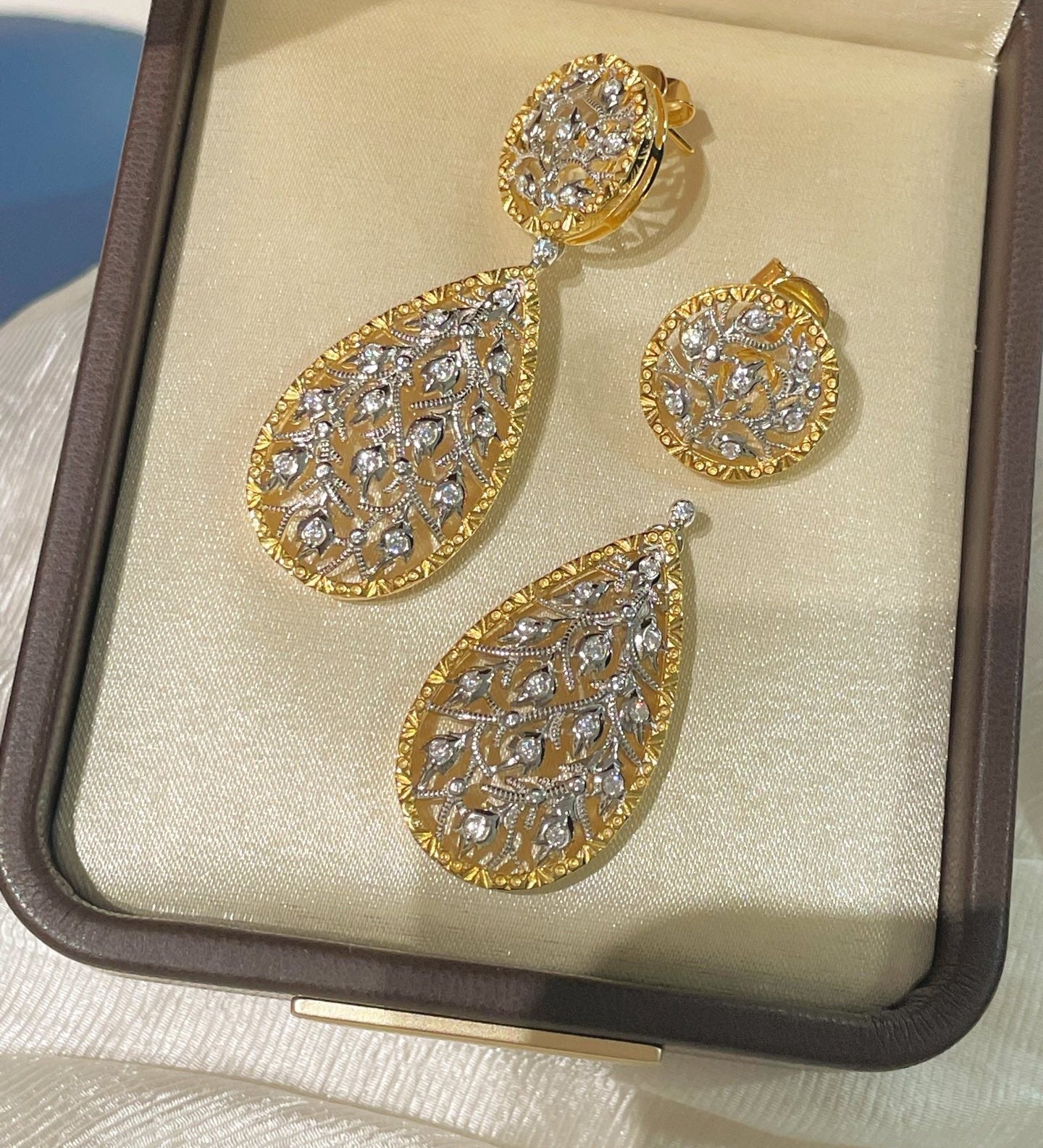 Dual - Wear Leaf Earrings with Engraved Gold & Sparkling CZ - floysun