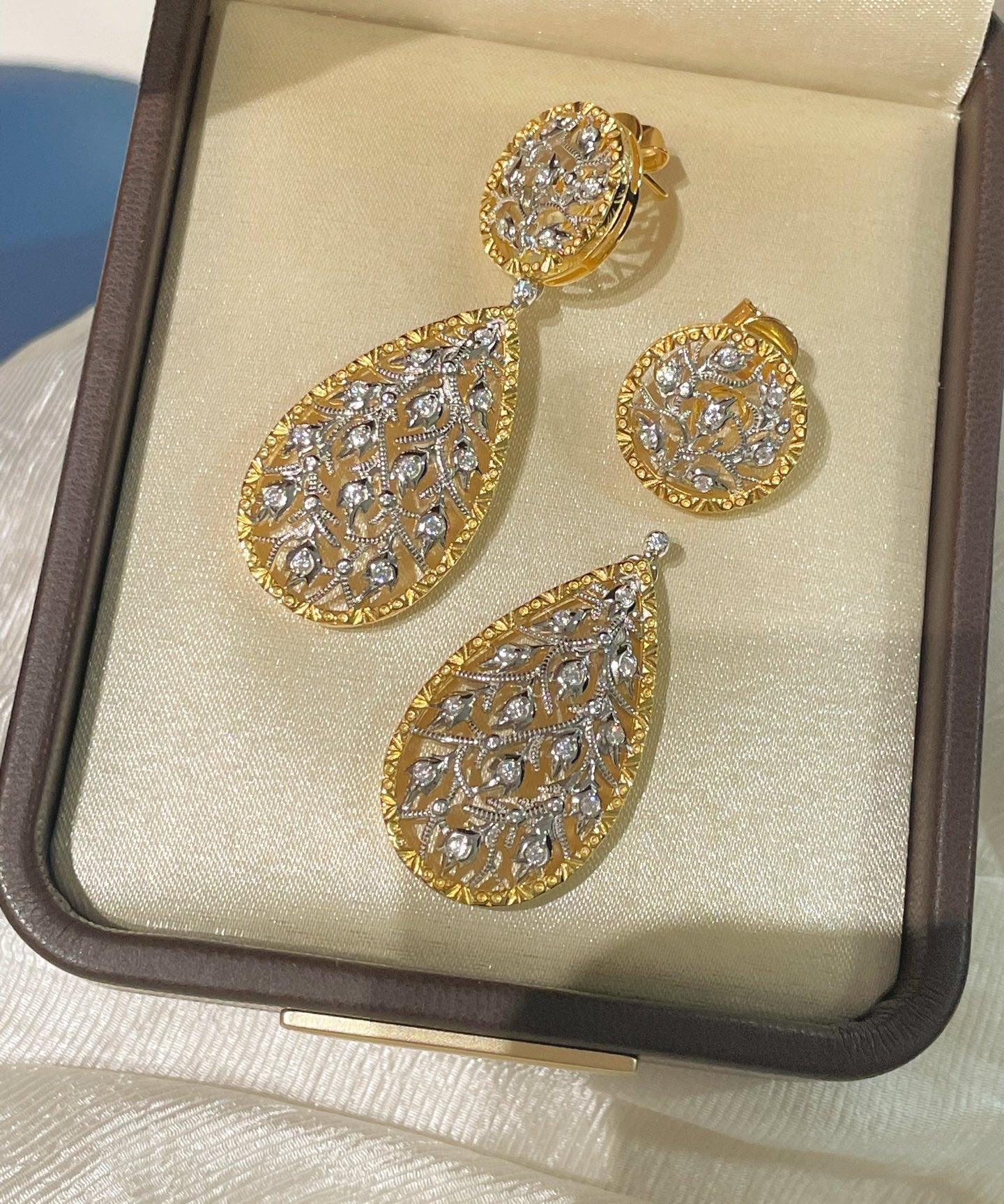 Dual - Wear Leaf Earrings with Engraved Gold & Sparkling CZ - floysun