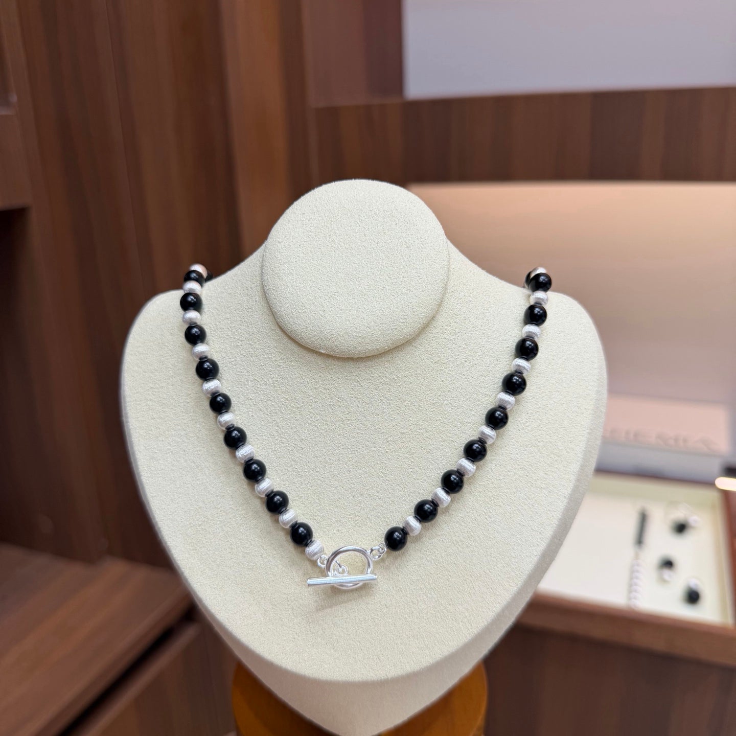 Duet Black Ebony Wood and Brushed Sterling Silver Beaded Necklace - floysun