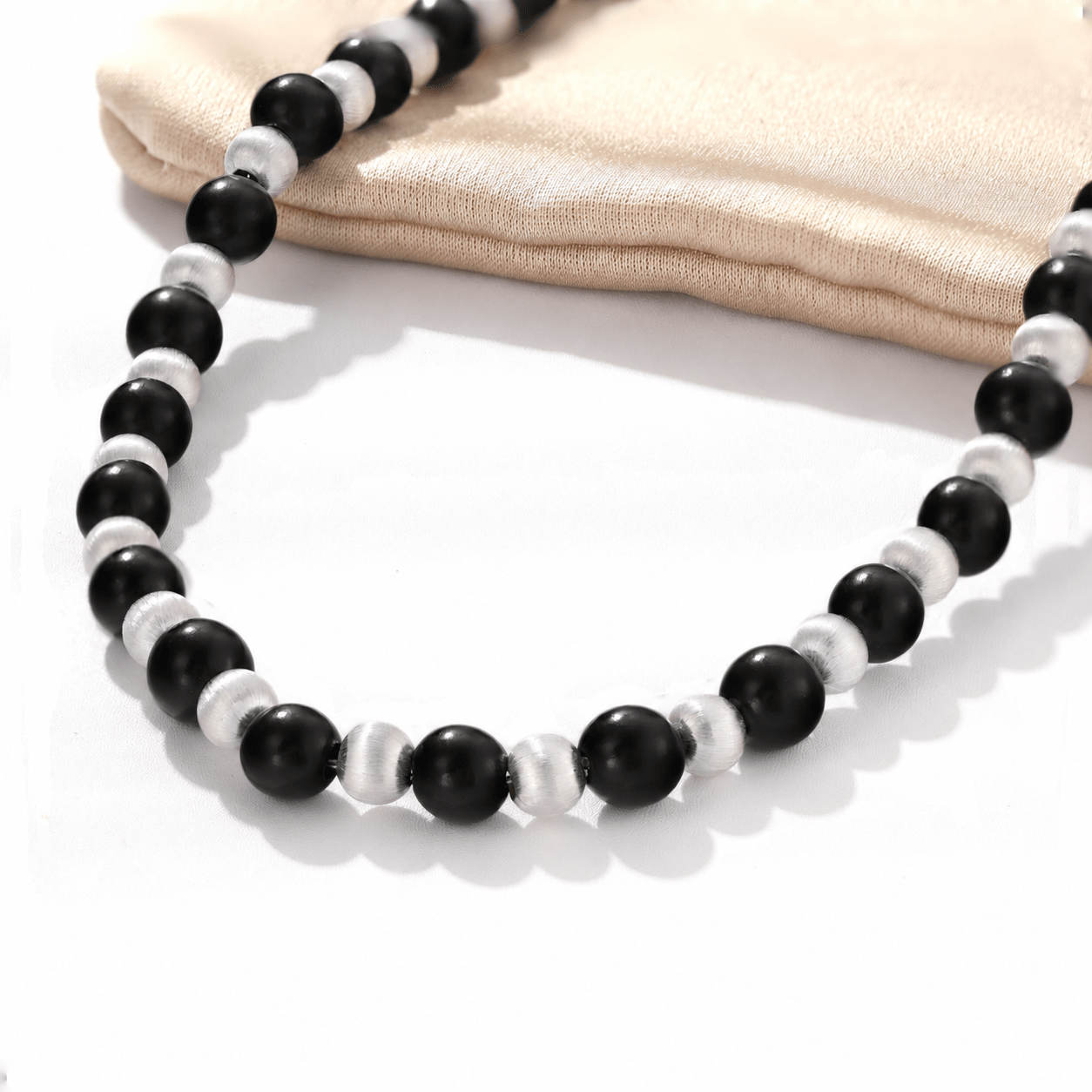Duet Black Ebony Wood and Brushed Sterling Silver Beaded Necklace - floysun