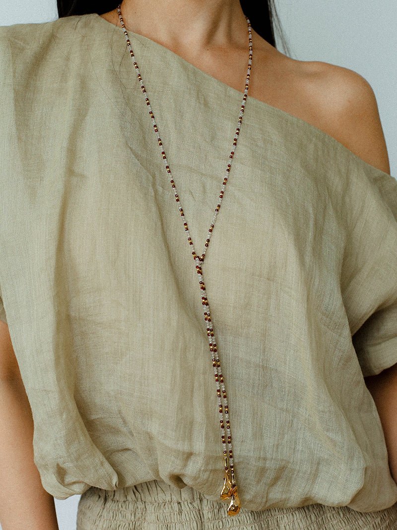 Dusk Spoon – Flash Stone & Garnet Beaded Necklace with Vintage Spoon Pendant - floysun