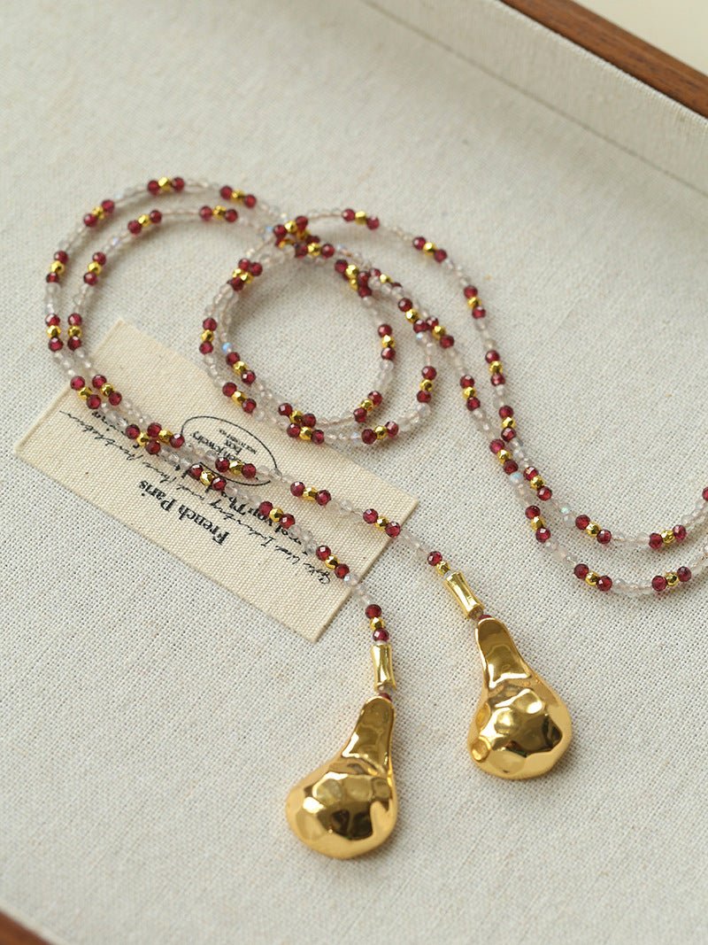 Dusk Spoon – Flash Stone & Garnet Beaded Necklace with Vintage Spoon Pendant - floysun