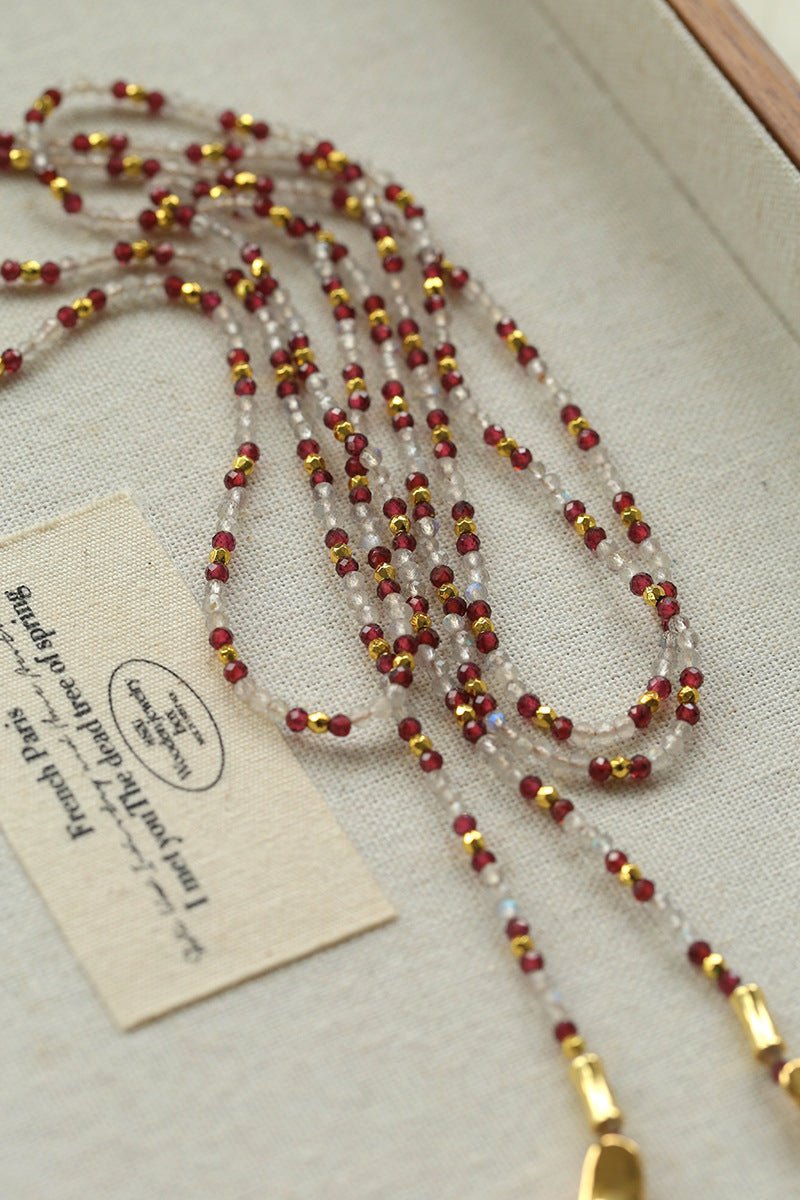Dusk Spoon – Flash Stone & Garnet Beaded Necklace with Vintage Spoon Pendant - floysun