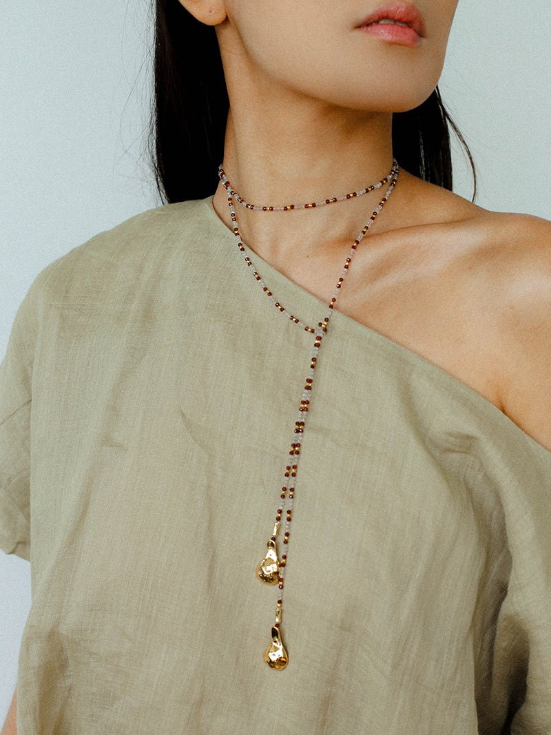 Dusk Spoon – Flash Stone & Garnet Beaded Necklace with Vintage Spoon Pendant - floysun