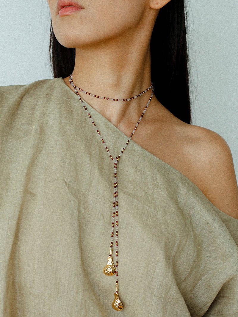 Dusk Spoon – Flash Stone & Garnet Beaded Necklace with Vintage Spoon Pendant - floysun