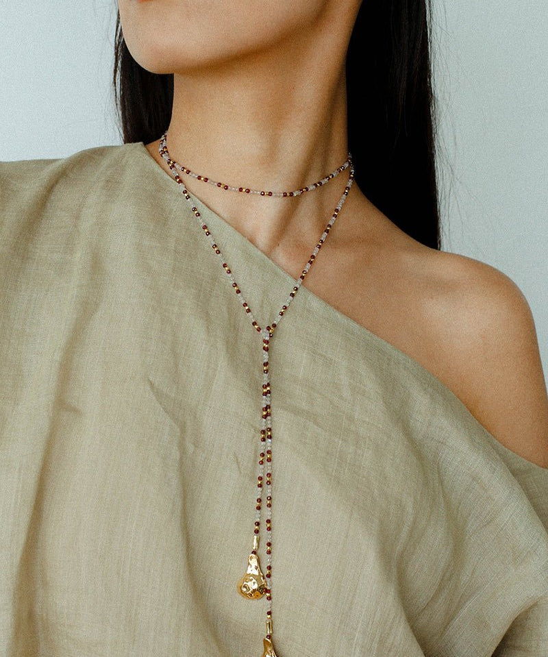 Dusk Spoon – Flash Stone & Garnet Beaded Necklace with Vintage Spoon Pendant - floysun