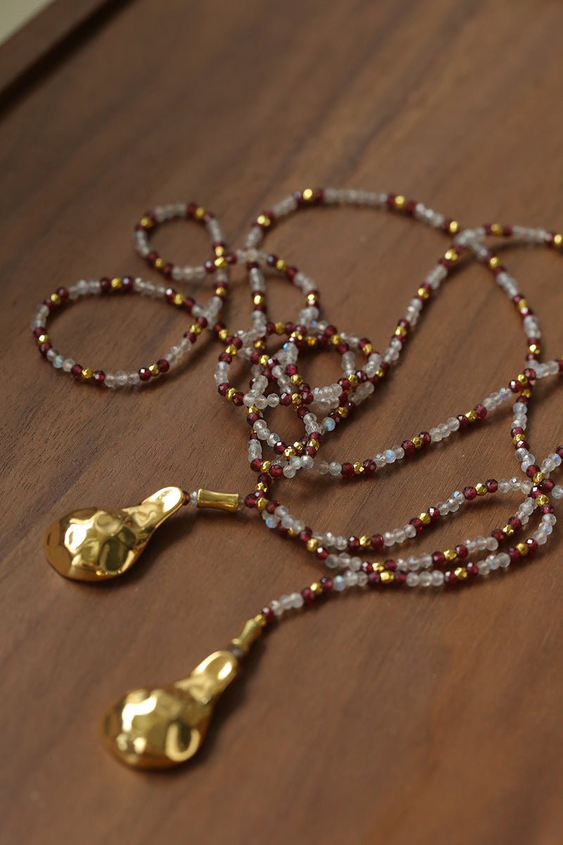 Dusk Spoon – Flash Stone & Garnet Beaded Necklace with Vintage Spoon Pendant - floysun