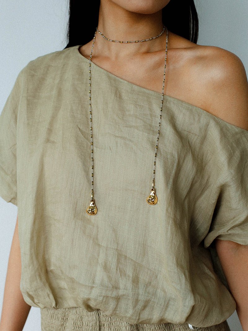 Dusk Spoon – Flash Stone & Gold Ore Beaded Necklace with Vintage Spoon Pendant - floysun