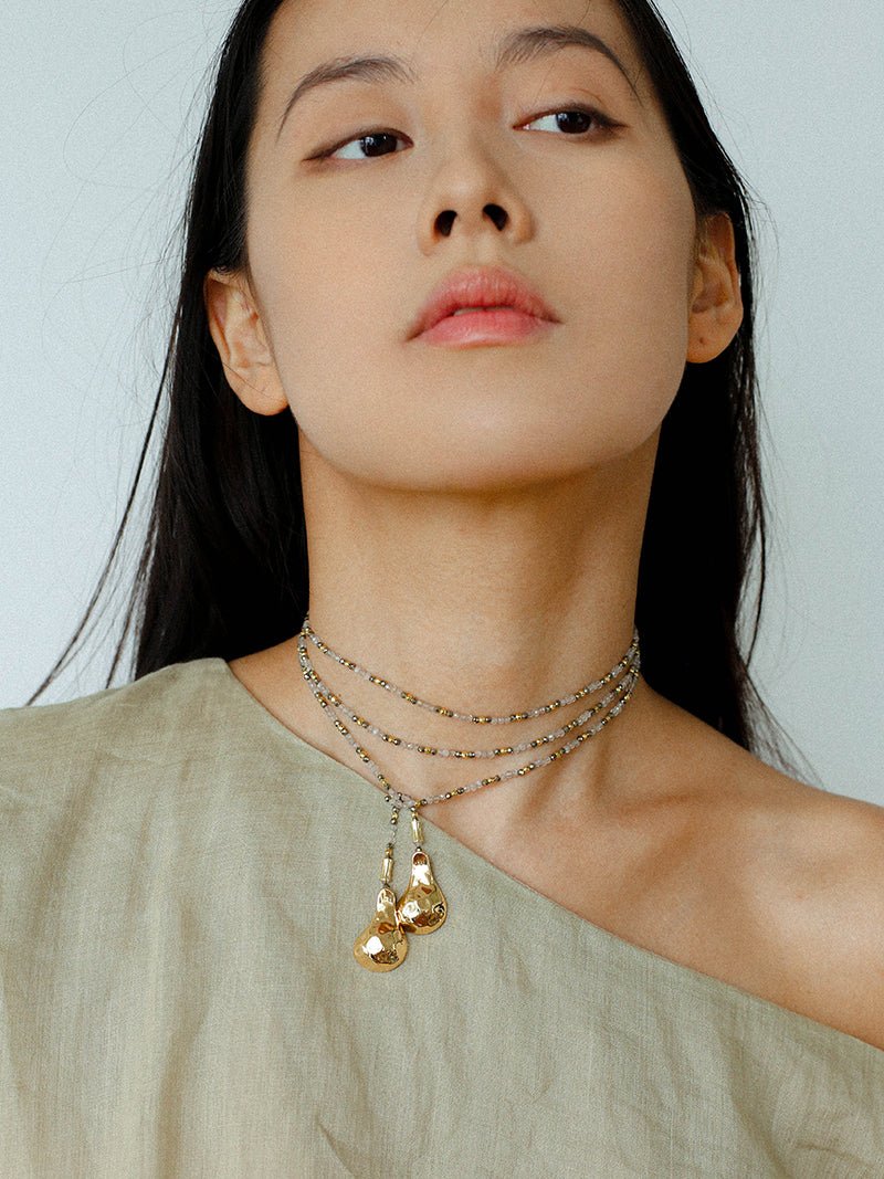 Dusk Spoon – Flash Stone & Gold Ore Beaded Necklace with Vintage Spoon Pendant - floysun