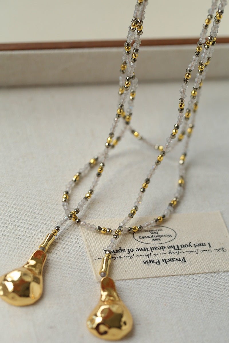 Dusk Spoon – Flash Stone & Gold Ore Beaded Necklace with Vintage Spoon Pendant - floysun