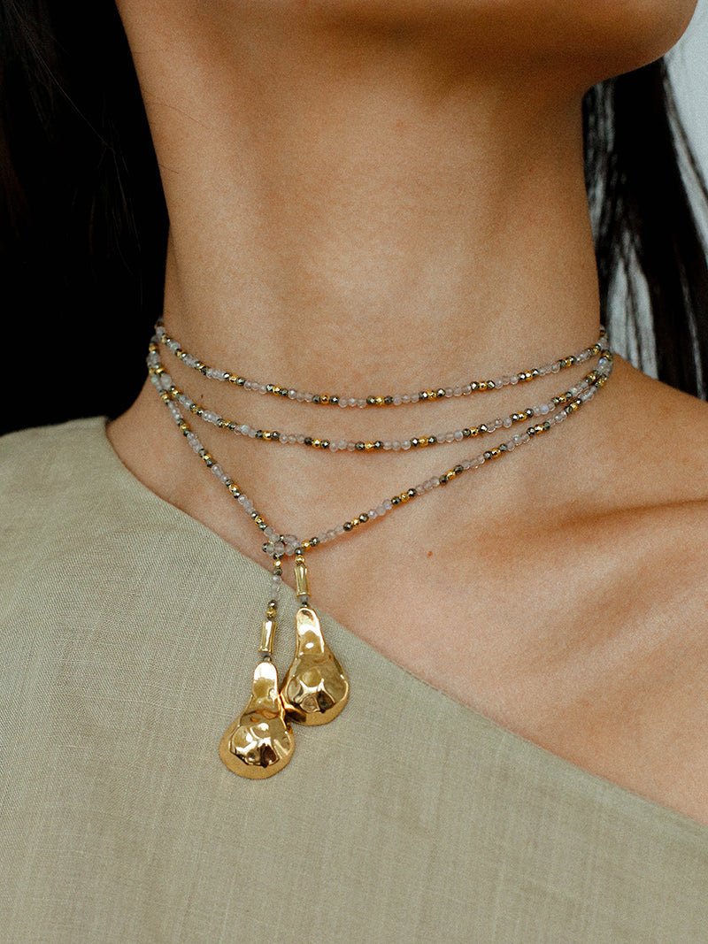 Dusk Spoon – Flash Stone & Gold Ore Beaded Necklace with Vintage Spoon Pendant - floysun