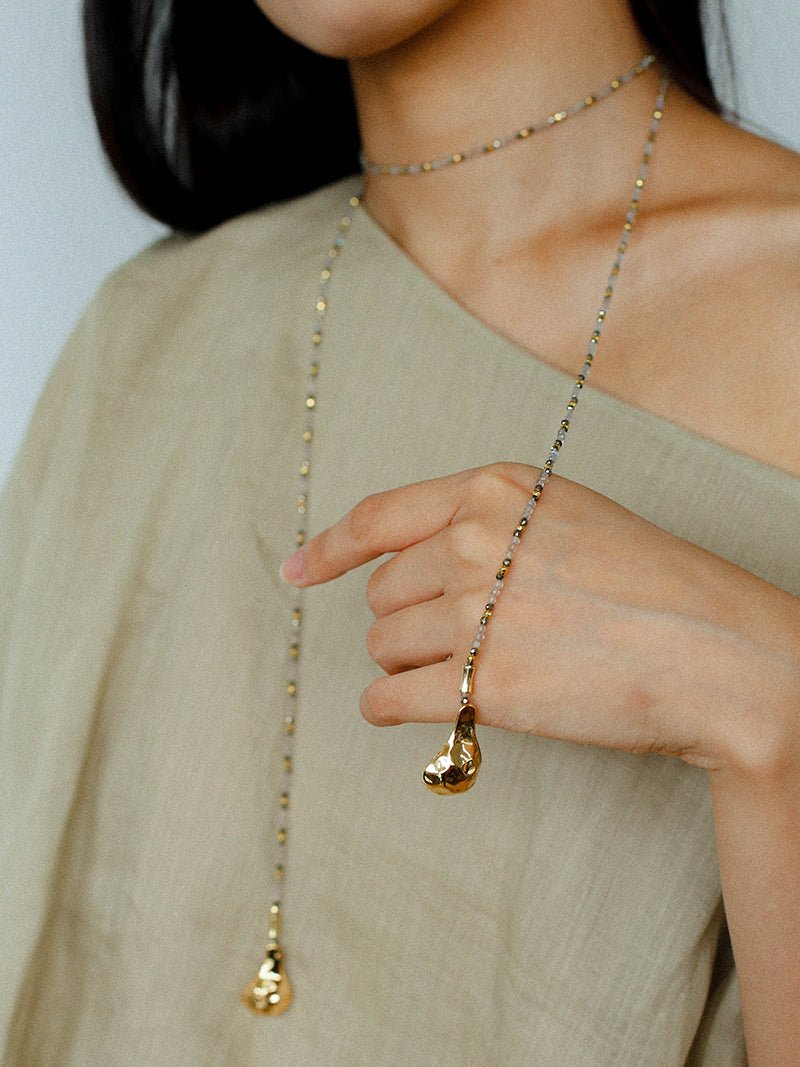 Dusk Spoon – Flash Stone & Gold Ore Beaded Necklace with Vintage Spoon Pendant - floysun