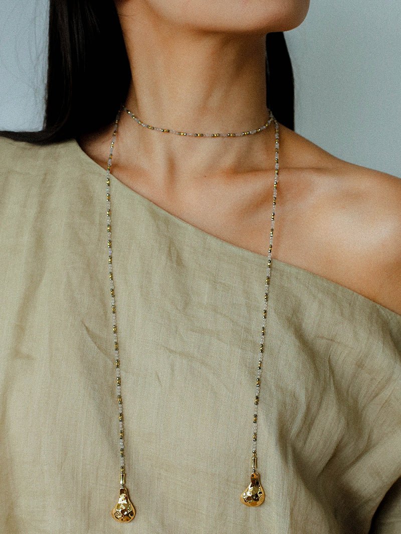 Dusk Spoon – Flash Stone & Gold Ore Beaded Necklace with Vintage Spoon Pendant - floysun