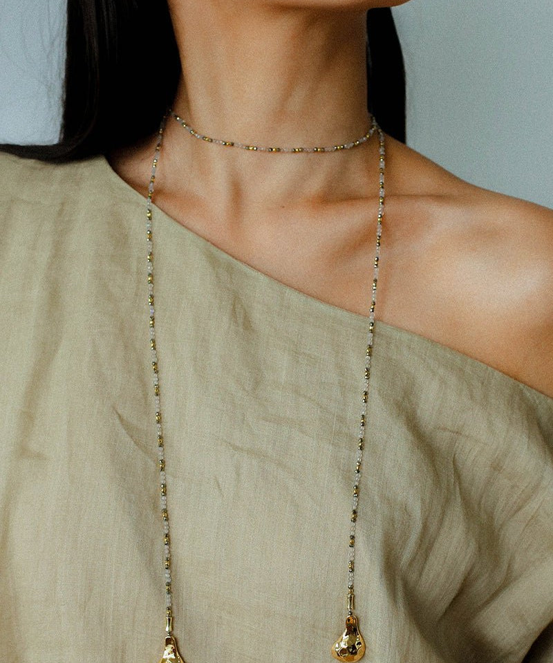 Dusk Spoon – Flash Stone & Gold Ore Beaded Necklace with Vintage Spoon Pendant - floysun