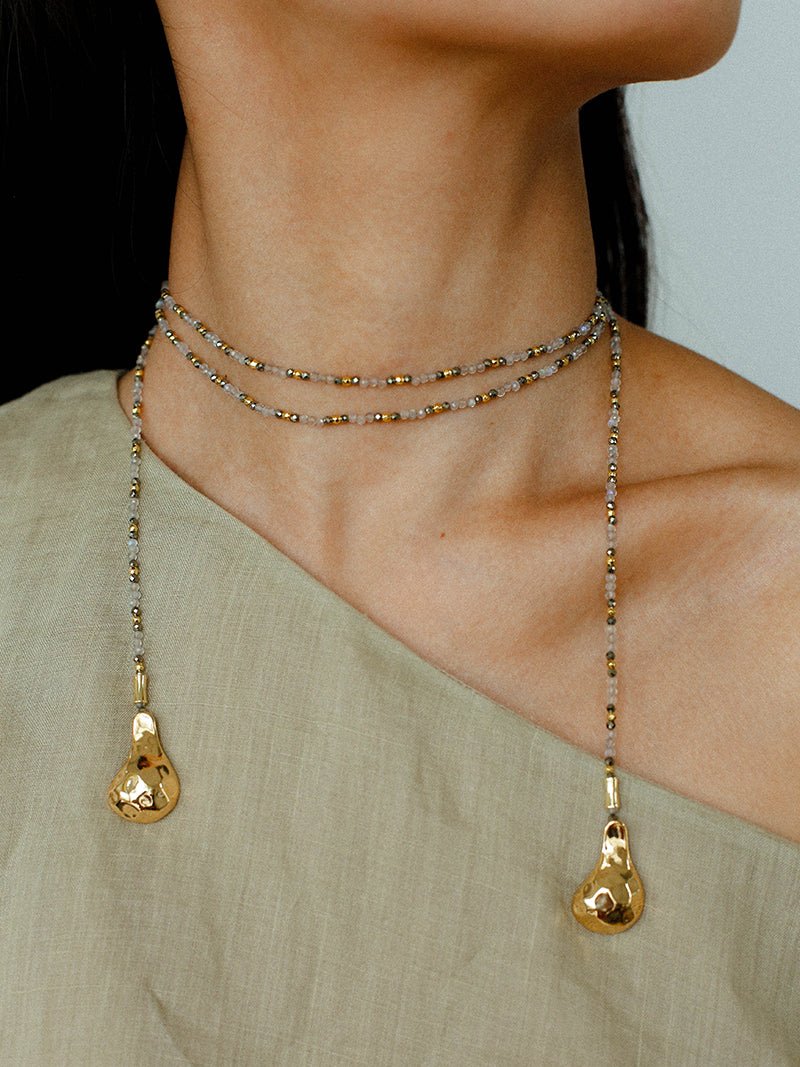 Dusk Spoon – Flash Stone & Gold Ore Beaded Necklace with Vintage Spoon Pendant - floysun