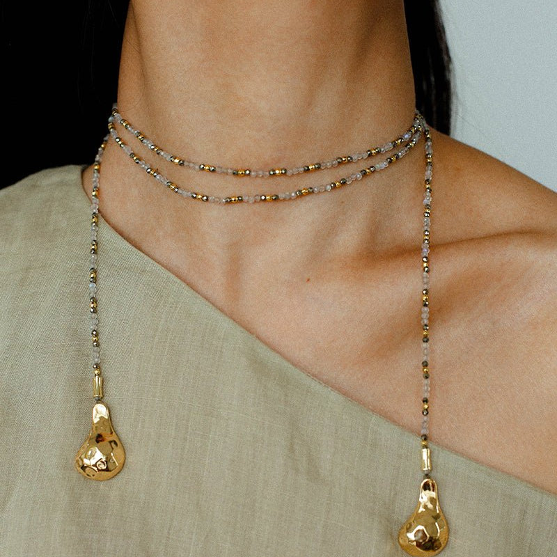 Dusk Spoon – Flash Stone & Gold Ore Beaded Necklace with Vintage Spoon Pendant - floysun