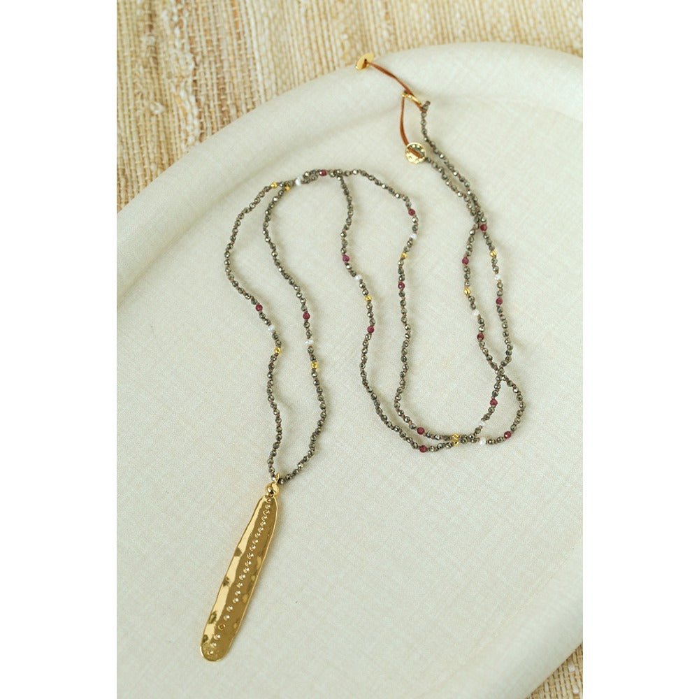 Hand‑Strung Micro‑Bead Hammered Bar Pendant Long Necklace