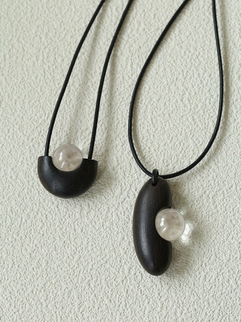 Ebony Wood Clear Crystal Adjustable Leather Cord Long Pendant Necklace - floysun