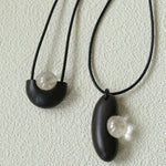 Ebony Wood Clear Crystal Adjustable Leather Cord Long Pendant Necklace - floysun