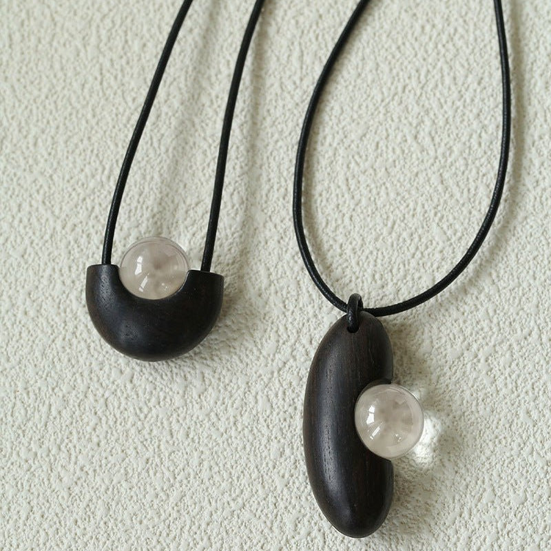 Ebony Wood Clear Crystal Adjustable Leather Cord Long Pendant Necklace - floysun