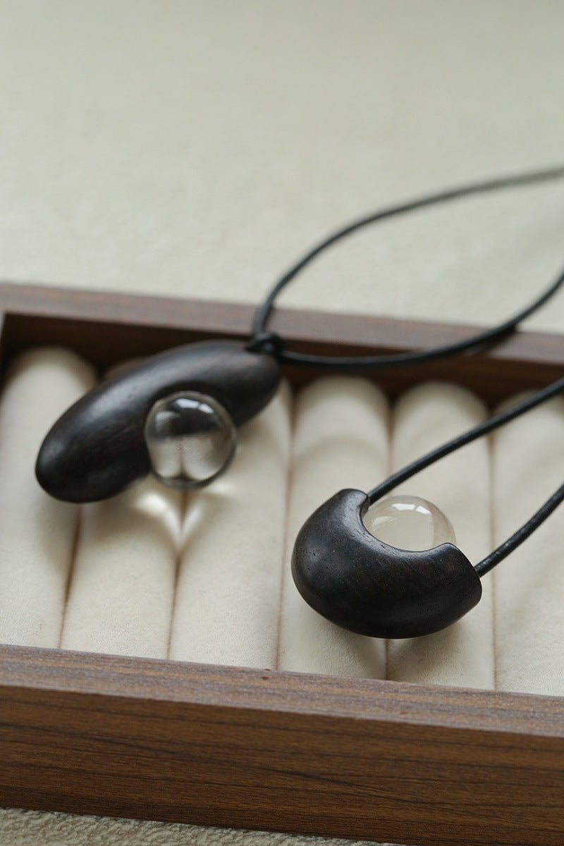 Ebony Wood Clear Crystal Adjustable Leather Cord Long Pendant Necklace - floysun