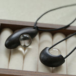 Ebony Wood Clear Crystal Adjustable Leather Cord Long Pendant Necklace - floysun