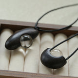 Ebony Wood Clear Crystal Adjustable Leather Cord Long Pendant Necklace - floysun