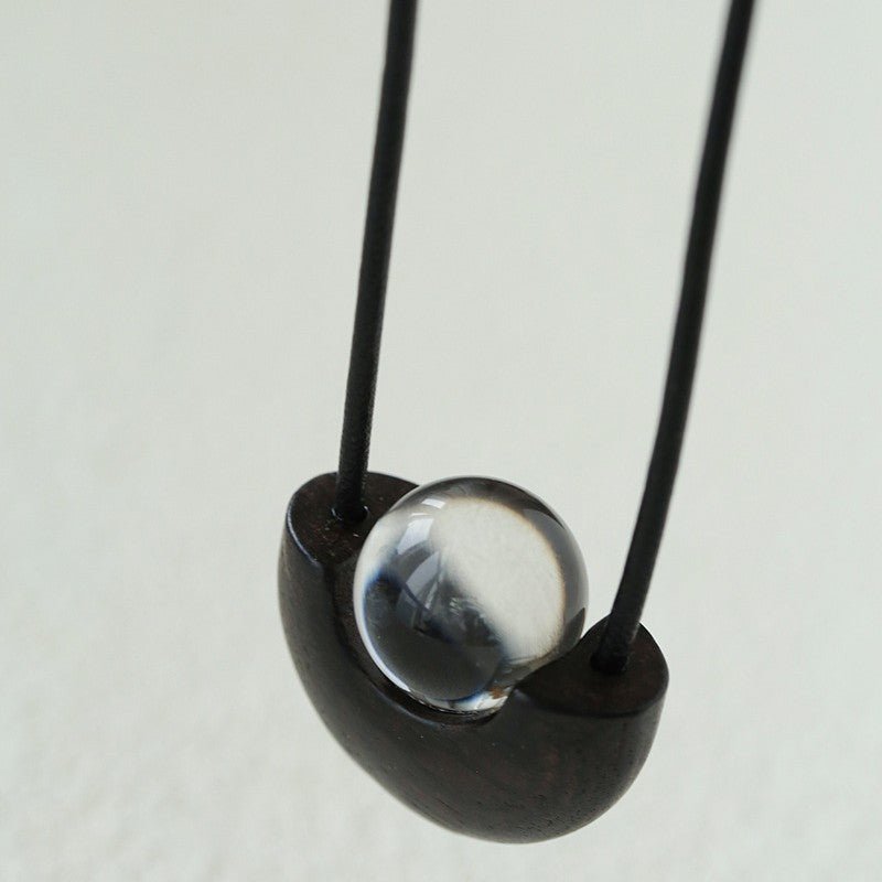 Ebony Wood Clear Crystal Adjustable Leather Cord Long Pendant Necklace - floysun