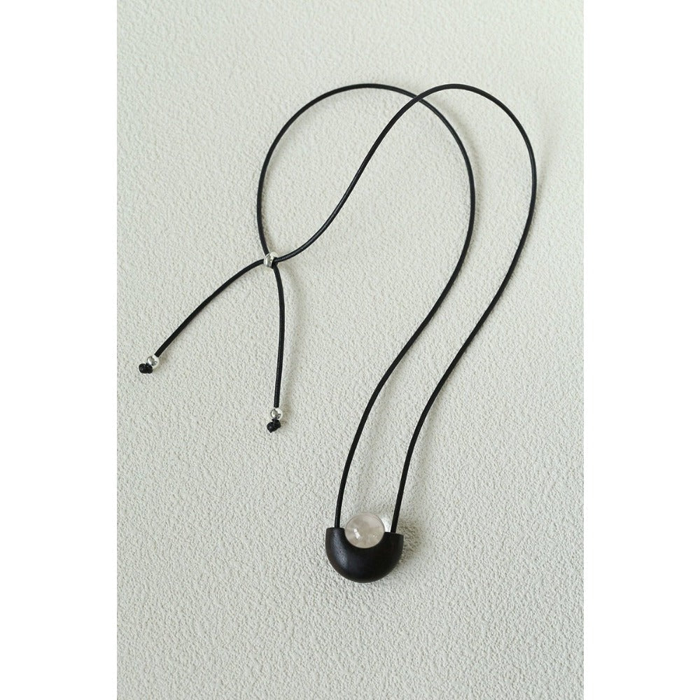 Ebony Wood Clear Crystal Adjustable Leather Cord Long Pendant Necklace - floysun