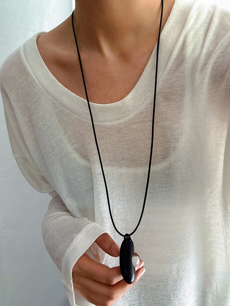 Ebony Wood Clear Crystal Adjustable Leather Cord Long Pendant Necklace - floysun