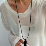 Ebony Wood Clear Crystal Adjustable Leather Cord Long Pendant Necklace - floysun