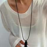 Ebony Wood Clear Crystal Adjustable Leather Cord Long Pendant Necklace - floysun