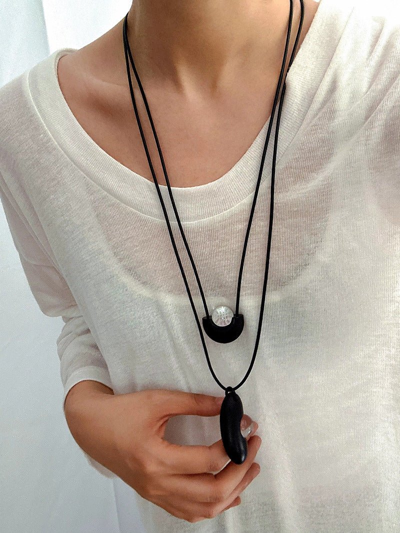 Ebony Wood Clear Crystal Adjustable Leather Cord Long Pendant Necklace - floysun