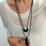 Ebony Wood Clear Crystal Adjustable Leather Cord Long Pendant Necklace - floysun