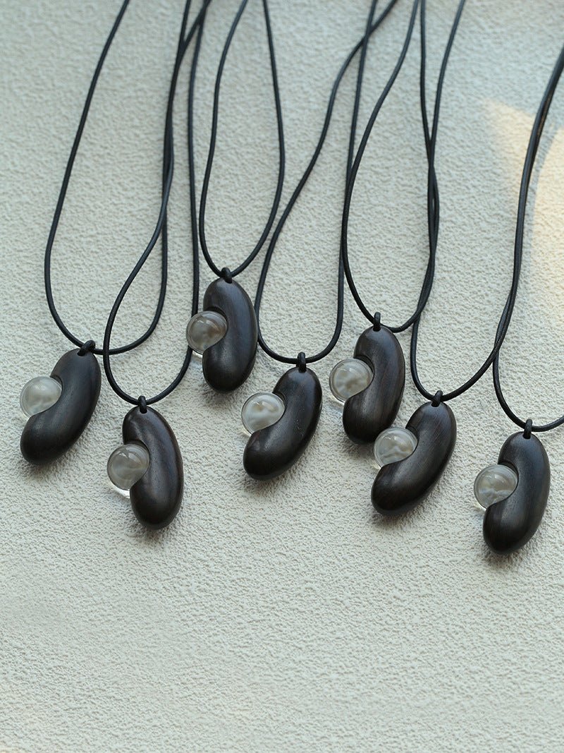 Ebony Wood Clear Crystal Adjustable Leather Cord Long Pendant Necklace - floysun