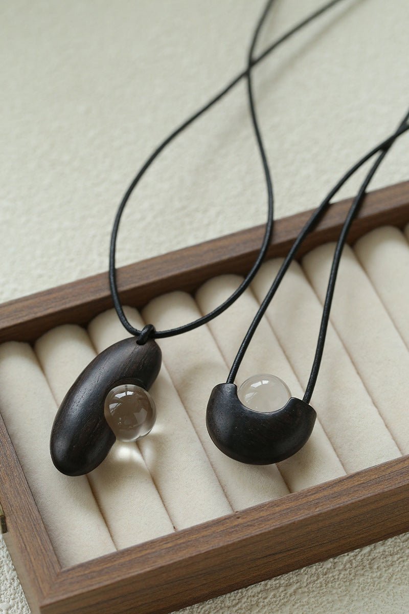 Ebony Wood Clear Crystal Adjustable Leather Cord Long Pendant Necklace - floysun