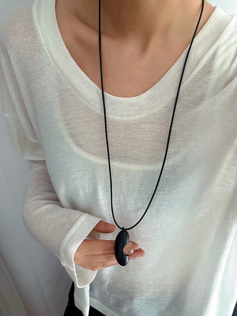 Ebony Wood Clear Crystal Adjustable Leather Cord Long Pendant Necklace - floysun