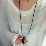 Ebony Wood Clear Crystal Adjustable Leather Cord Long Pendant Necklace - floysun