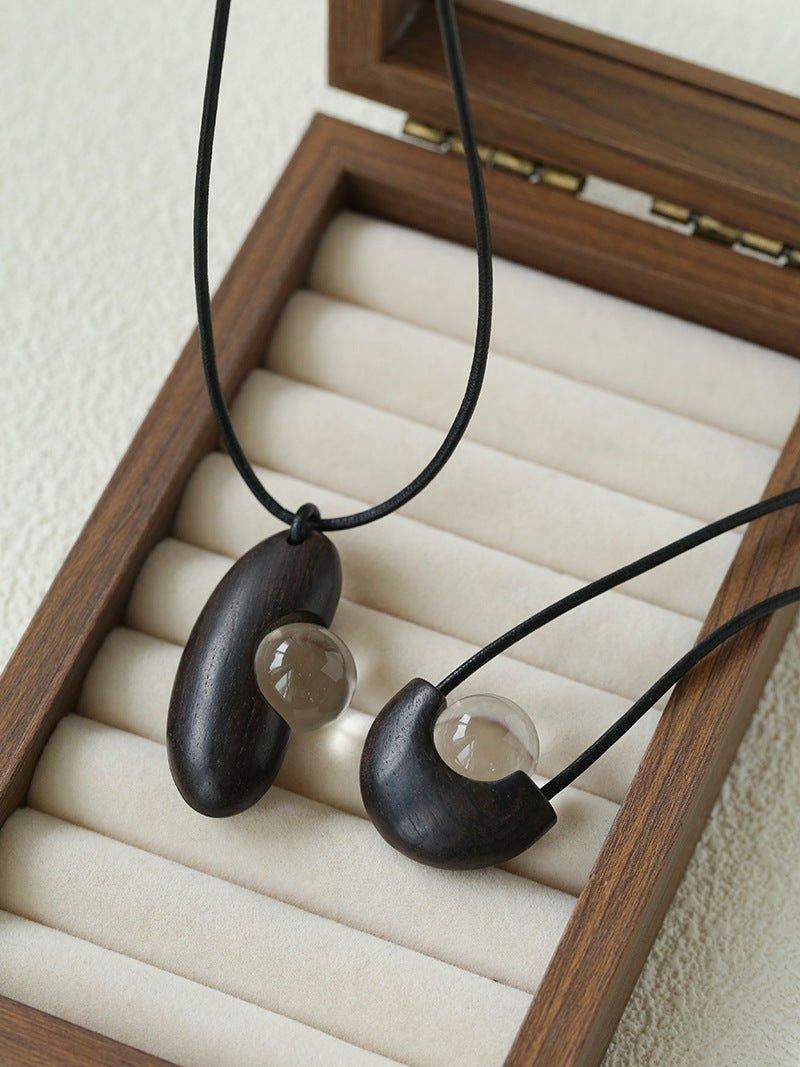 Ebony Wood Clear Crystal Adjustable Leather Cord Long Pendant Necklace - floysun