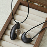 Ebony Wood Clear Crystal Adjustable Leather Cord Long Pendant Necklace - floysun