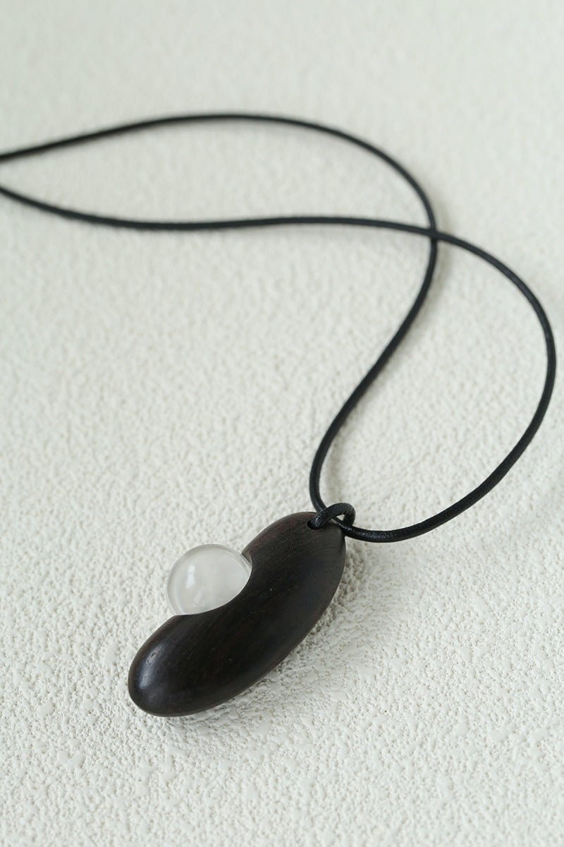 Ebony Wood Clear Crystal Adjustable Leather Cord Long Pendant Necklace - floysun