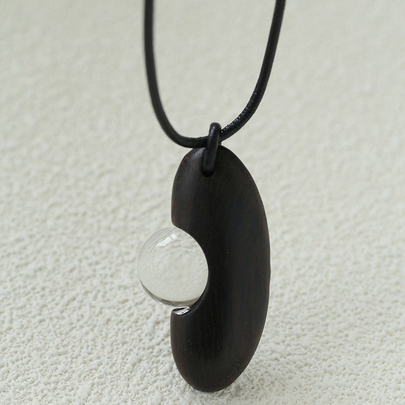 Ebony Wood Clear Crystal Adjustable Leather Cord Long Pendant Necklace - floysun