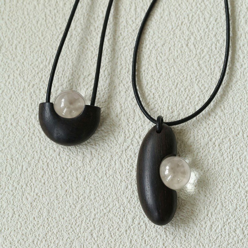 Ebony Wood Clear Crystal Adjustable Leather Cord Long Pendant Necklace - floysun