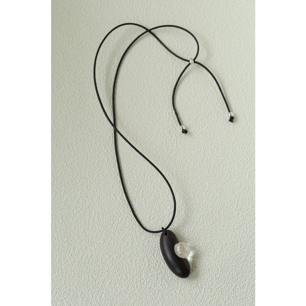 Ebony Wood Clear Crystal Adjustable Leather Cord Long Pendant Necklace - floysun