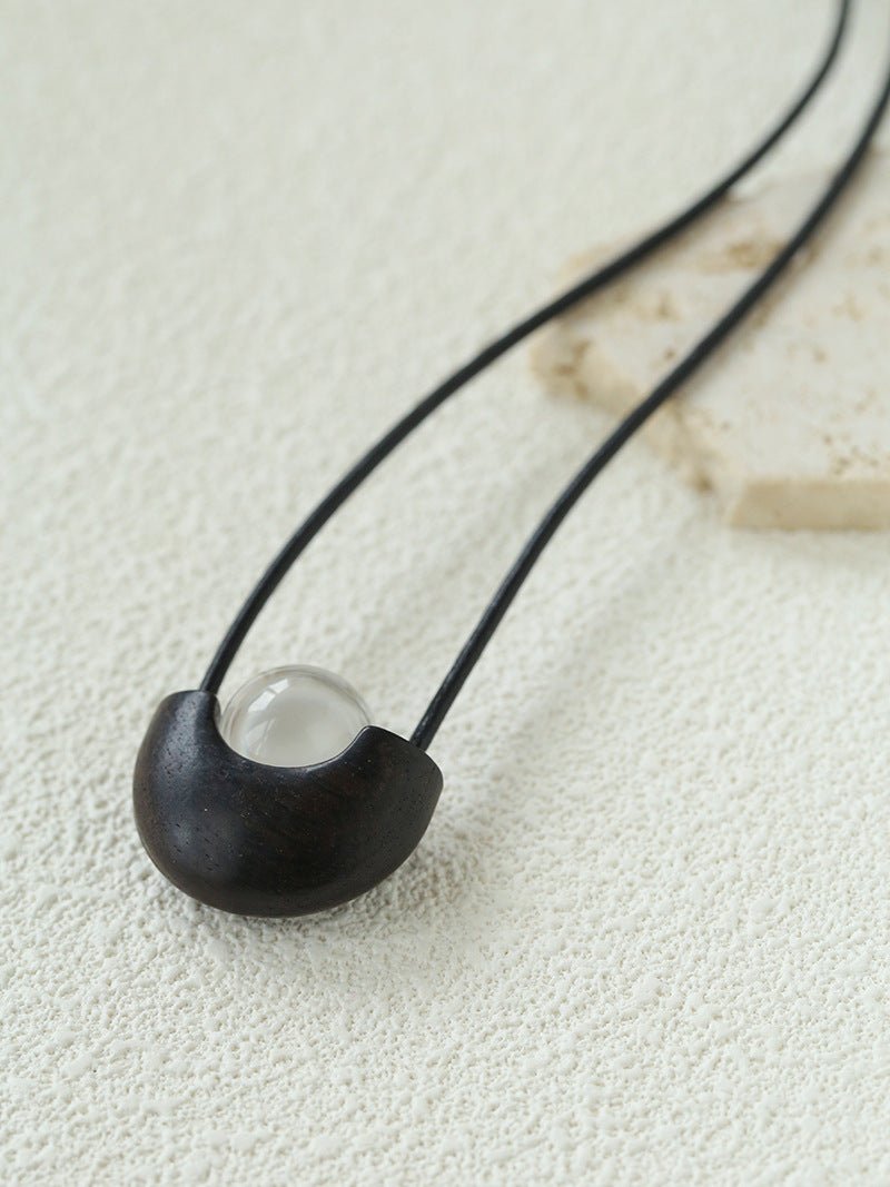 Ebony Wood Clear Crystal Adjustable Leather Cord Long Pendant Necklace - floysun