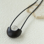 Ebony Wood Clear Crystal Adjustable Leather Cord Long Pendant Necklace - floysun