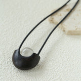 Ebony Wood Clear Crystal Adjustable Leather Cord Long Pendant Necklace - floysun